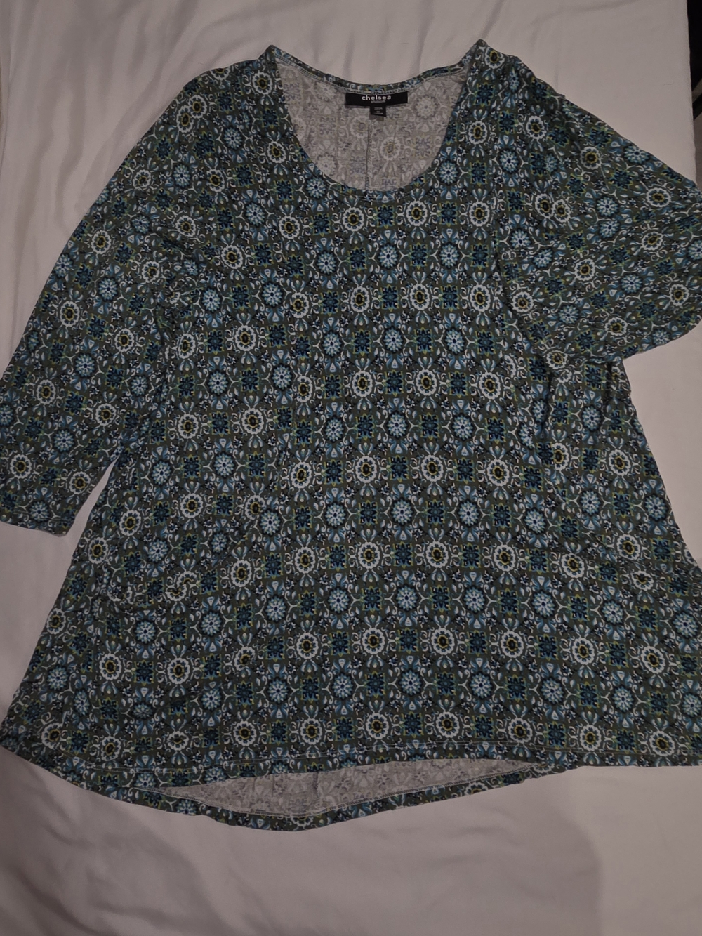 Chelsea Studio Blue & Green Medallion Scoop Neck Tunic With 3/4 Sleeves